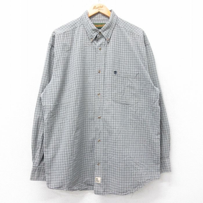 XL★古着 ティンバーランド 長袖 ブランド シャツ メンズ 00年代 00s ワンポイントロゴ 大きいサイズ ロング丈 コットン ボタンダウン グレー他 チェック 25aug25 中古 トップス