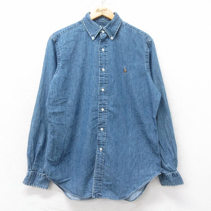 L★古着 ラルフローレン Ralph Lauren 長袖 ブランド シャツ メンズ 90年代 90s ワンポイントロゴ コットン ボタンダウン 紺 ネイビー デニム 【spe】 25aug25 中古 トップス