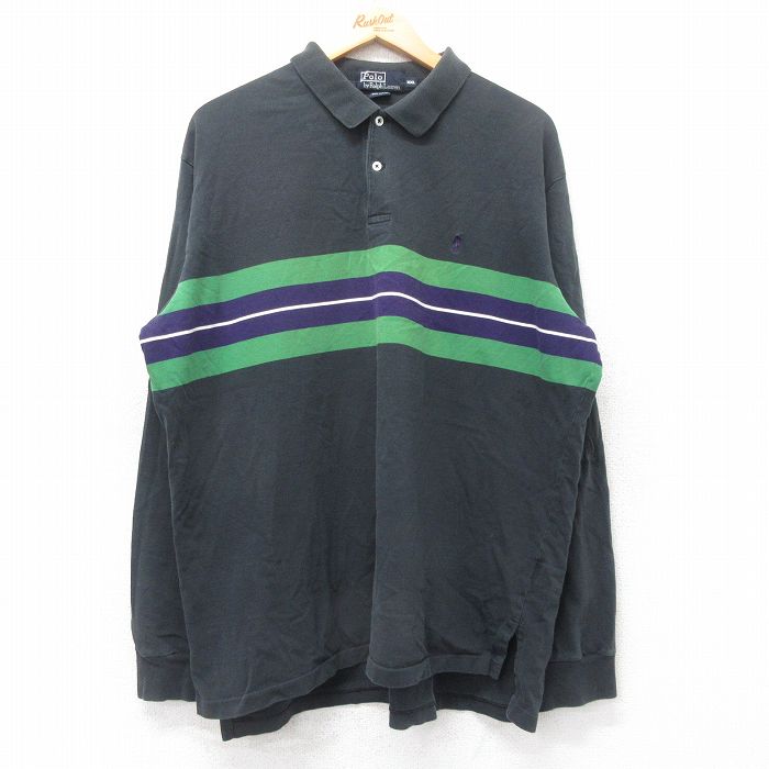 XL★古着 ラルフローレン Ralph Lauren 長袖 ブランド ポロ シャツ メンズ 90年代 90s ワンポイントロゴ 大きいサイズ コットン 黒他 ブラック 25aug25 中古 トップス