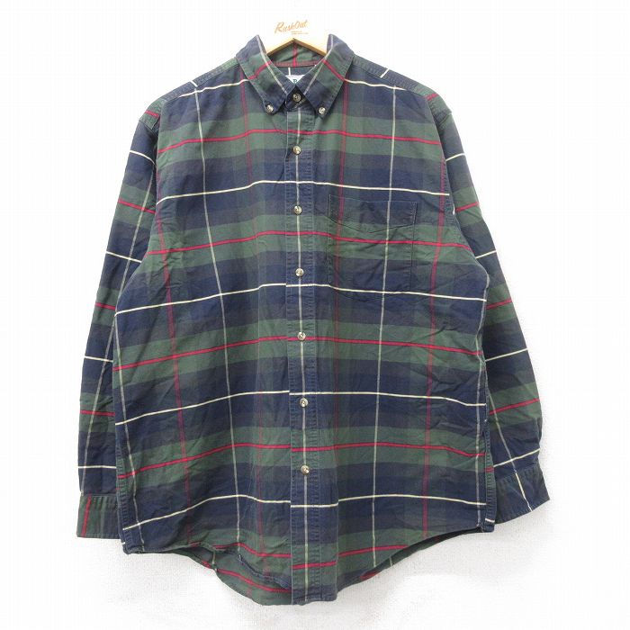 XL★古着 エルエルビーン LLBEAN 長袖 ブランド シャツ メンズ 90年代 90s コットン ボタンダウン 緑他 グリーン チェック 25aug26 中古 トップス