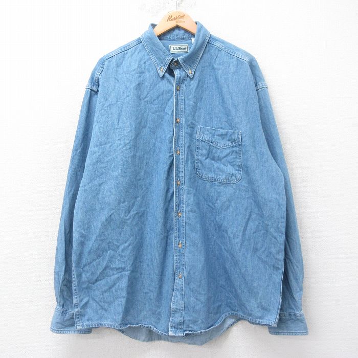 【50%OFF】XL★古着 エルエルビーン LLBEAN 長袖 ブランド シャツ メンズ 90年代 90s 大きいサイズ ロング丈 コットン ボタンダウン カナダ製 紺 ネイビー デニム 【spe】 25aug26 中古 トップス
