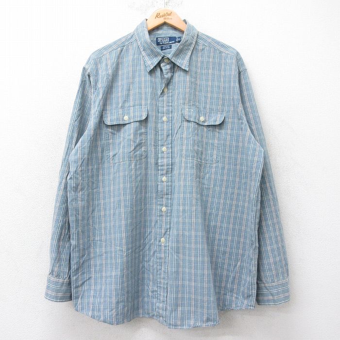 XL★古着 ラルフローレン Ralph Lauren 長袖 ブランド シャツ メンズ 90年代 90s MATLOCK 大きいサイズ ロング丈 コットン 薄紺他 ネイビー 【spe】 25aug26 中古 トップス