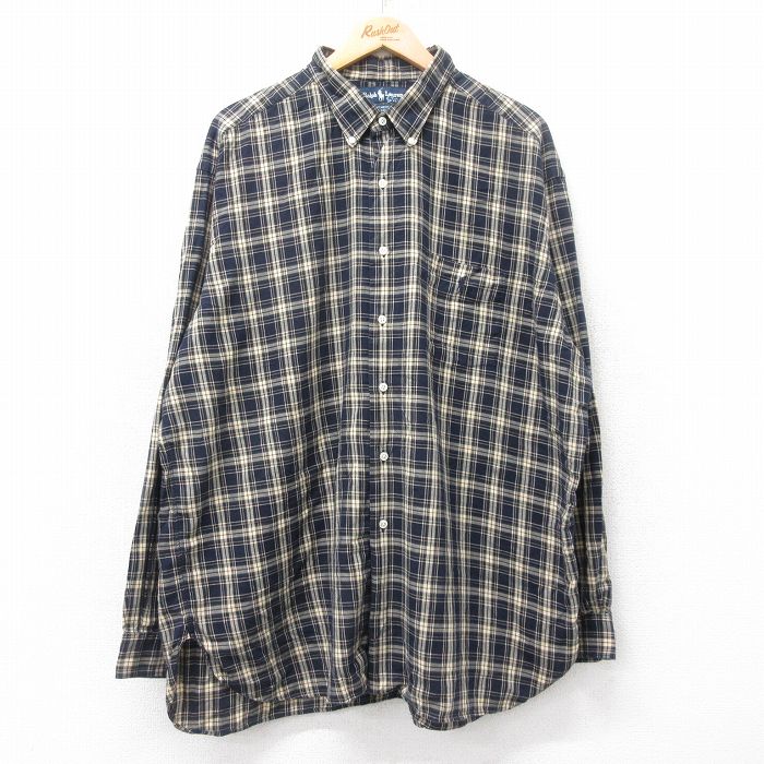 XL★古着 ラルフローレン Ralph Lauren 長袖 ブランド シャツ メンズ 90年代 90s ワンポイントロゴ MCMEEL マチ付き 大きいサイズ ロング丈 コットン ボタンダウン ベージュ他 カーキ チェック 25aug26 中古 トップス