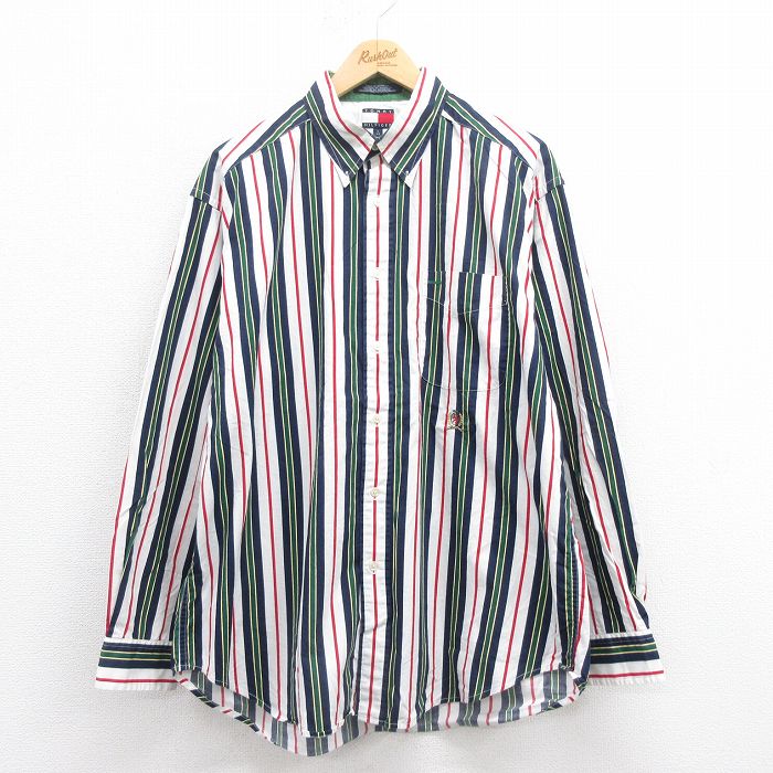 【50%OFF】XL★古着 トミーヒルフィガー TOMMY HILFIGER 長袖 ブランド シャツ メンズ 90年代 90s ワンポイントロゴ 大きいサイズ コットン ボタンダウン 白他 ホワイト ストライプ 25aug27 中古 トップス