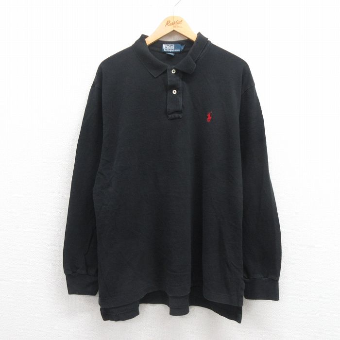 XL★古着 ラルフローレン Ralph Lauren 長袖 ブランド ポロ シャツ メンズ 90年代 90s ワンポイントロゴ 鹿の子 大きいサイズ コットン 黒 ブラック 25aug27 中古 トップス