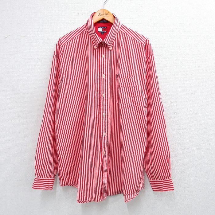 XL★古着 トミーヒルフィガー TOMMY HILFIGER 長袖 ブランド シャツ メンズ 90年代 90s ワンポイントロゴ 大きいサイズ ロング丈 コットン ボタンダウン 赤他 レッド ストライプ 25sep01 中古 トップス