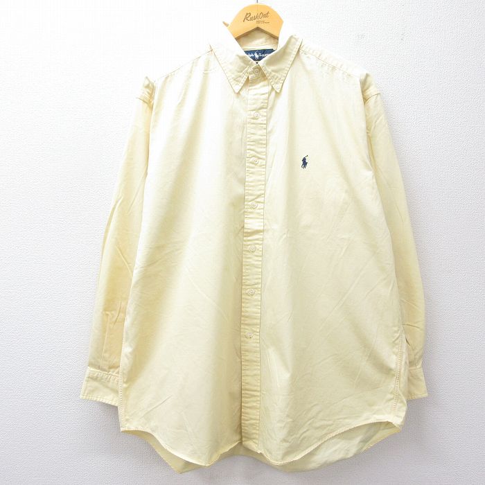 XL★古着 ラルフローレン Ralph Lauren 長袖 ブランド シャツ メンズ 90年代 90s ワンポイントロゴ BLAKE 大きいサイズ ロング丈 コットン ボタンダウン 薄黄 イエロー 25sep02 中古 トップス