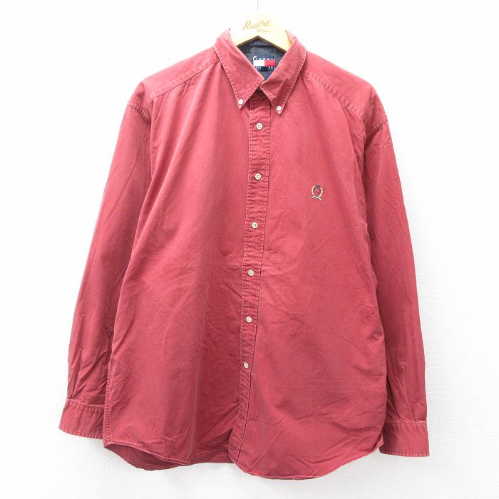 XL★古着 トミーヒルフィガー TOMMY HILFIGER 長袖 ブランド シャツ メンズ 90年代 90s ワンポイントロゴ 大きいサイズ コットン ボタンダウン 赤系 レッド 25sep02 中古 トップス