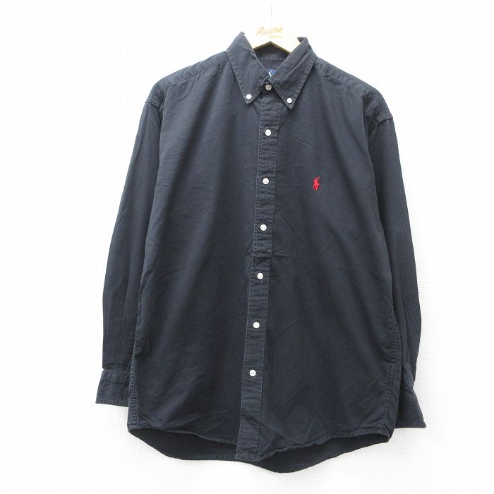 XL★古着 ラルフローレン Ralph Lauren 長袖 ブランド シャツ メンズ 90年代 90s ワンポイントロゴ BLAKE コットン ボタンダウン 黒 ブラック 25sep02 中古 トップス