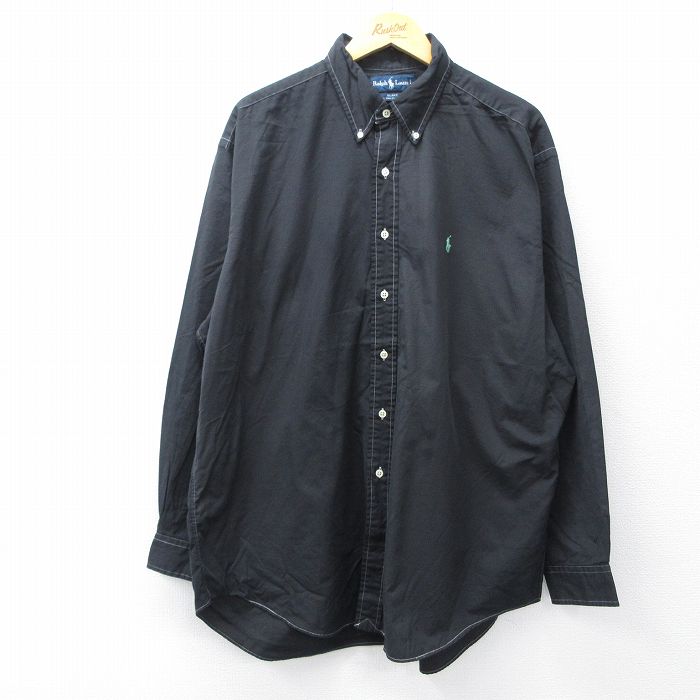 XL★古着 ラルフローレン Ralph Lauren 長袖 ブランド シャツ メンズ 90年代 90s ワンポイントロゴ BLAKE 大きいサイズ ロング丈 コットン ボタンダウン 黒 ブラック 25sep02 中古 トップス