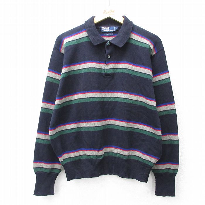 L★古着 ラルフローレン Ralph Lauren 長袖 ブランド トップス メンズ 90年代 90s ワンポイントロゴ コットン 黒他 ブラック ボーダー 【spe】 25sep02 中古