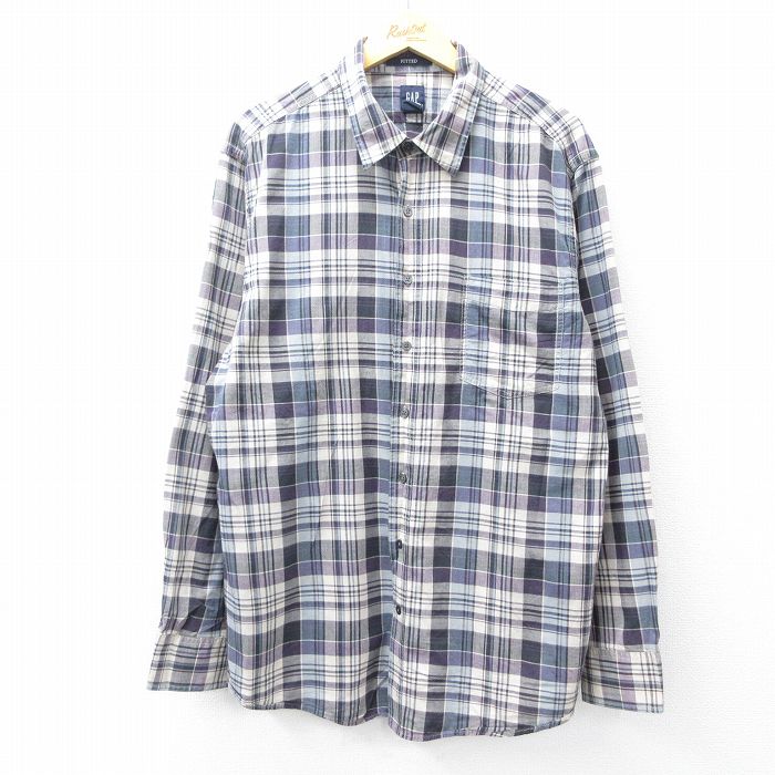 XL★古着 ギャップ GAP 長袖 ブランド シャツ メンズ 00年代 00s ロング丈 コットン 薄ベージュ系他 カーキ チェック 25sep02 中古 トップス