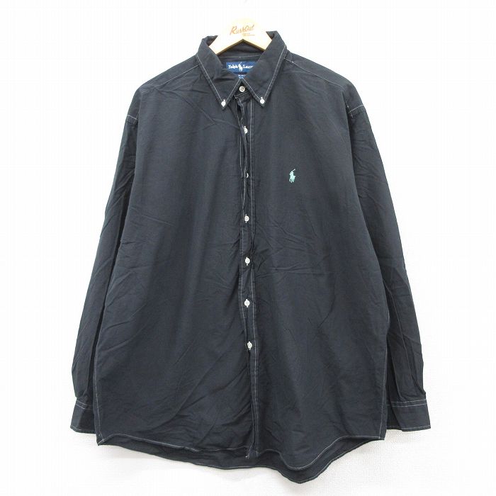 XL★古着 ラルフローレン Ralph Lauren 長袖 ブランド シャツ メンズ 90年代 90s ワンポイントロゴ BLAKE 大きいサイズ ロング丈 コットン ボタンダウン 黒 ブラック 25sep02 中古 トップス