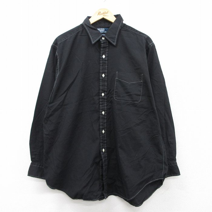 XL★古着 ラルフローレン Ralph Lauren 長袖 ブランド シャツ メンズ 90年代 90s ANDREW オックスフォード 大きいサイズ ロング丈 コットン ボタンダウン 黒 ブラック 25sep02 中古 トップス
