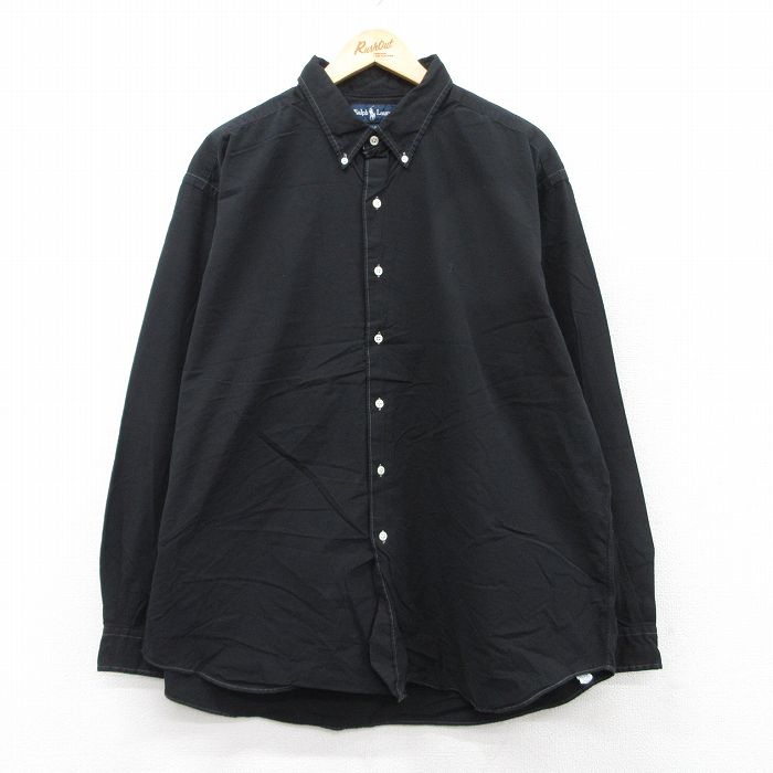 XL★古着 ラルフローレン Ralph Lauren 長袖 ブランド シャツ メンズ 90年代 90s ワンポイントロゴ MARLOWE 大きいサイズ ロング丈 コットン ボタンダウン 黒 ブラック 25sep02 中古 トップス