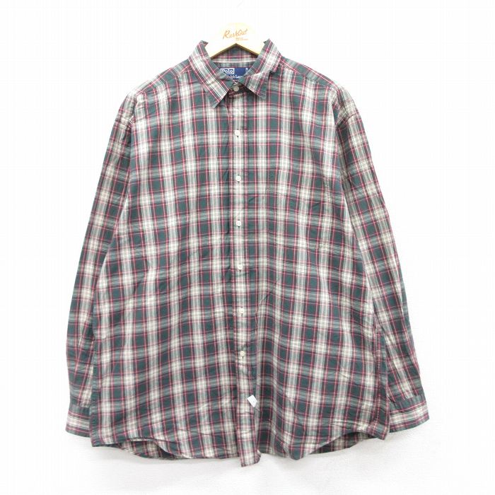 XL★古着 ラルフローレン Ralph Lauren 長袖 ブランド シャツ メンズ 90年代 90s 大きいサイズ ロング丈 コットン 緑他 グリーン チェック 25sep02 中古 トップス