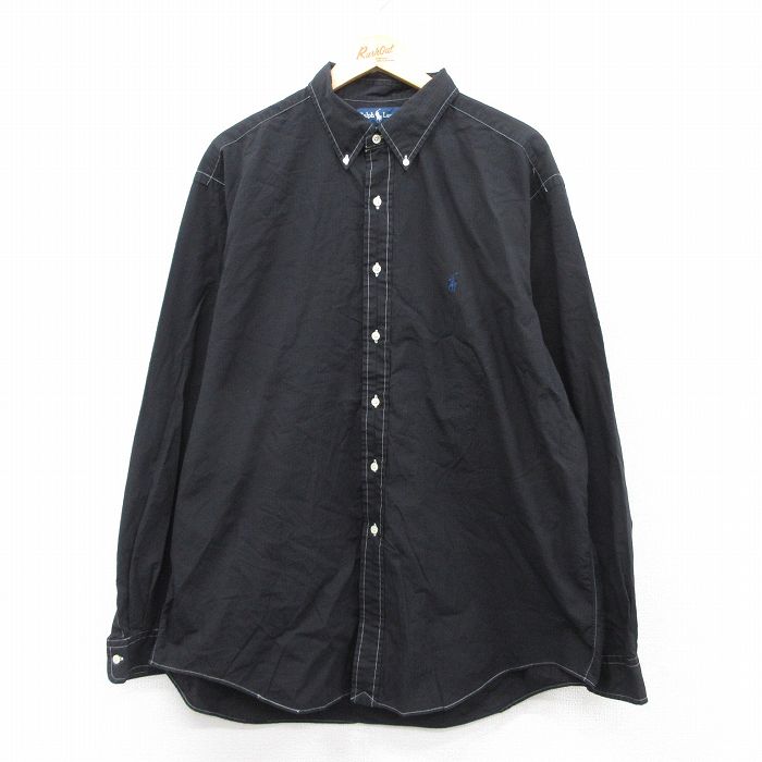 XL★古着 ラルフローレン Ralph Lauren 長袖 ブランド シャツ メンズ 90年代 90s ワンポイントロゴ YARMOUTH 大きいサイズ ロング丈 コットン ボタンダウン 黒 ブラック 25sep02 中古 トップス