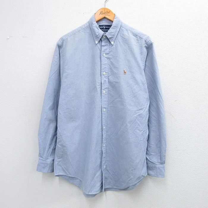 XL★古着 ラルフローレン Ralph Lauren 長袖 ブランド シャツ メンズ 90年代 90s ワンポイントロゴ オックスフォード コットン ボタンダウン 薄紺 ネイビー 25sep02 中古 トップス