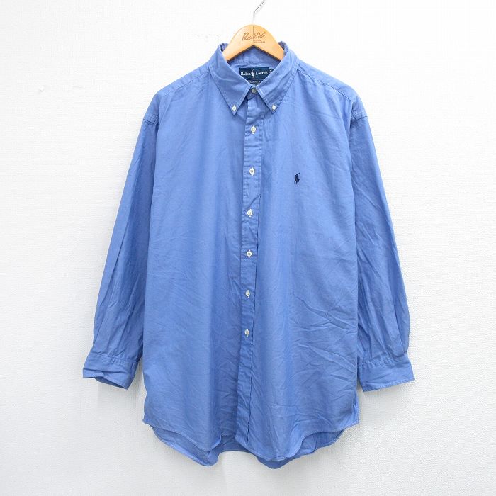 XL★古着 ラルフローレン Ralph Lauren 長袖 ブランド シャツ メンズ 90年代 90s ワンポイントロゴ　YARMOUTH 大きいサイズ ロング丈 コットン ボタンダウン 薄紺 ネイビー 25sep02 中古 トップス