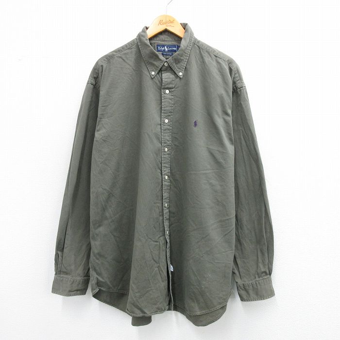 XL★古着 ラルフローレン Ralph Lauren 長袖 ブランド シャツ メンズ 90年代 90s ワンポイントロゴ 大きいサイズ ロング丈 コットン ボタンダウン 濃緑 グリーン 25sep02 中古 トップス