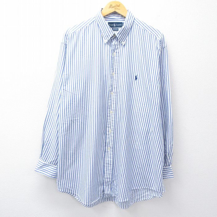 XL★古着 ラルフローレン Ralph Lauren 長袖 ブランド シャツ メンズ 90年代 90s ワンポイントロゴ YARMOUTH 大きいサイズ ロング丈 コットン ボタンダウン 薄紺他 ネイビー ストライプ 25sep02 中古 トップス