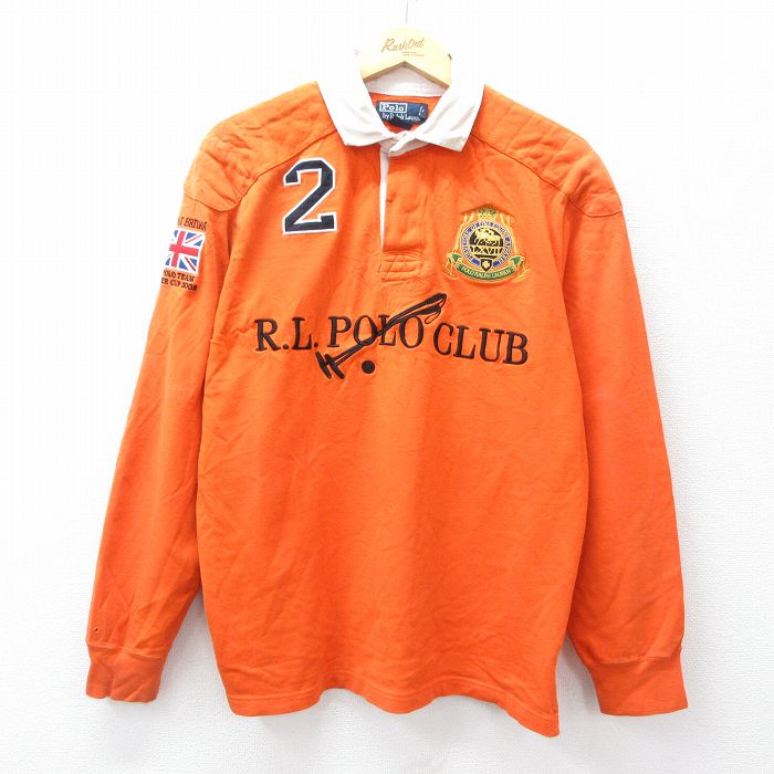 L★古着 ラルフローレン Ralph Lauren 長袖 ブランド ラガー シャツ メンズ 90年代 90s ポロクラブ ゴルフ 肩当て コットン オレンジ 25sep02 中古 トップス