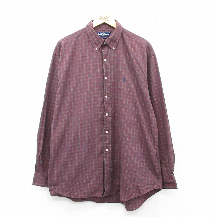 XL★古着 ラルフローレン Ralph Lauren 長袖 ブランド シャツ メンズ 90年代 90s ワンポイントロゴ 大きいサイズ ロング丈 コットン ボタンダウン エンジ他 チェック 【spe】 25sep02 中古 トップス