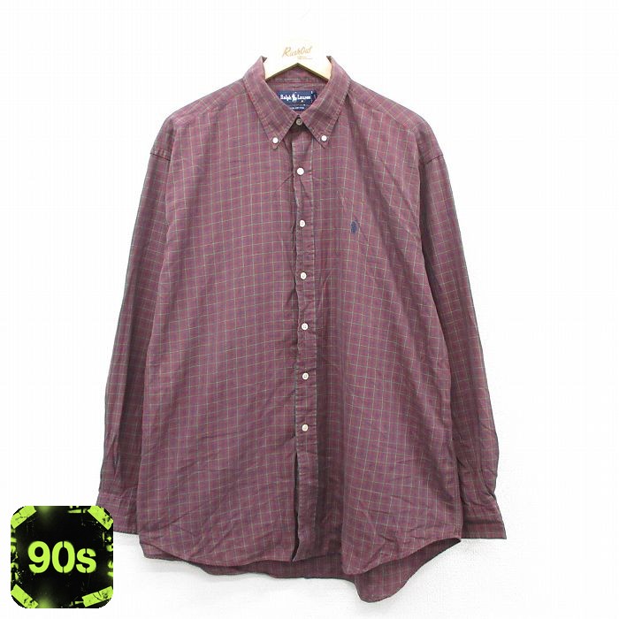 【50%OFF】ラルフローレン 90s 長袖シャツ ワンポイントロゴ バーガンディチェック XL | 古着