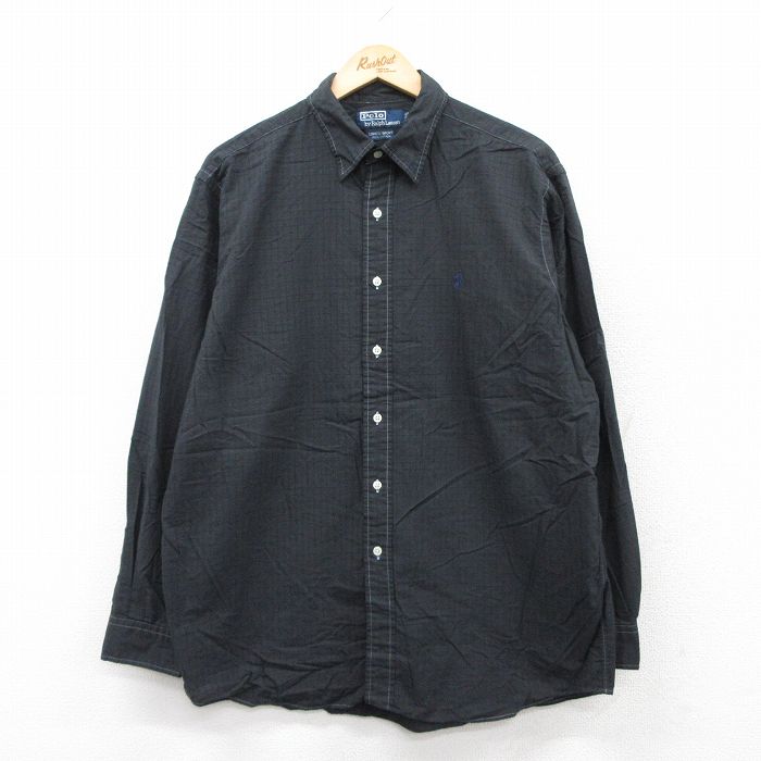 XL★古着 ラルフローレン Ralph Lauren 長袖 ブランド シャツ メンズ 90年代 90s ワンポイントロゴ LOWELL SPORT ロング丈 コットン 黒 ブラック チェック 25sep02 中古 トップス