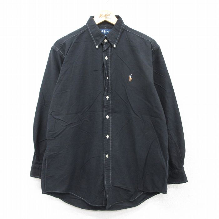 XL★古着 ラルフローレン Ralph Lauren 長袖 ブランド シャツ メンズ 90年代 90s ワンポイントロゴ YARMOUTH オックスフォード コットン ボタンダウン 黒 ブラック 25sep02 中古 トップス