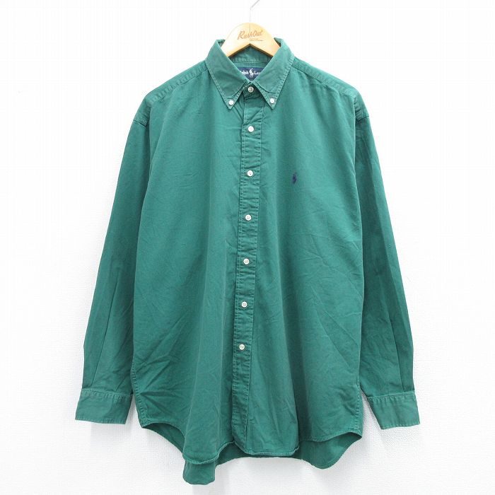 XL★古着 ラルフローレン Ralph Lauren 長袖 ブランド シャツ メンズ 90年代 90s ワンポイントロゴ BLAIRE 大きいサイズ コットン ボタンダウン 緑 グリーン 25sep03 中古 トップス