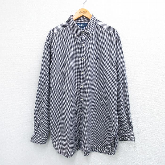 XL★古着 ラルフローレン Ralph Lauren 長袖 ブランド シャツ メンズ 90年代 90s ワンポイントロゴ MCMEEL 大きいサイズ ロング丈 コットン ボタンダウン 紺他 ネイビー チェック 25sep03 中古 トップス