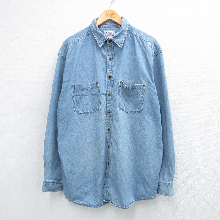 【20%OFF】XL★古着 カーハート Carhartt 長袖 ブランド シャツ メンズ 大きいサイズ ロング丈 コットン 薄紺 ネイビー デニム 25sep03 中古 トップス
