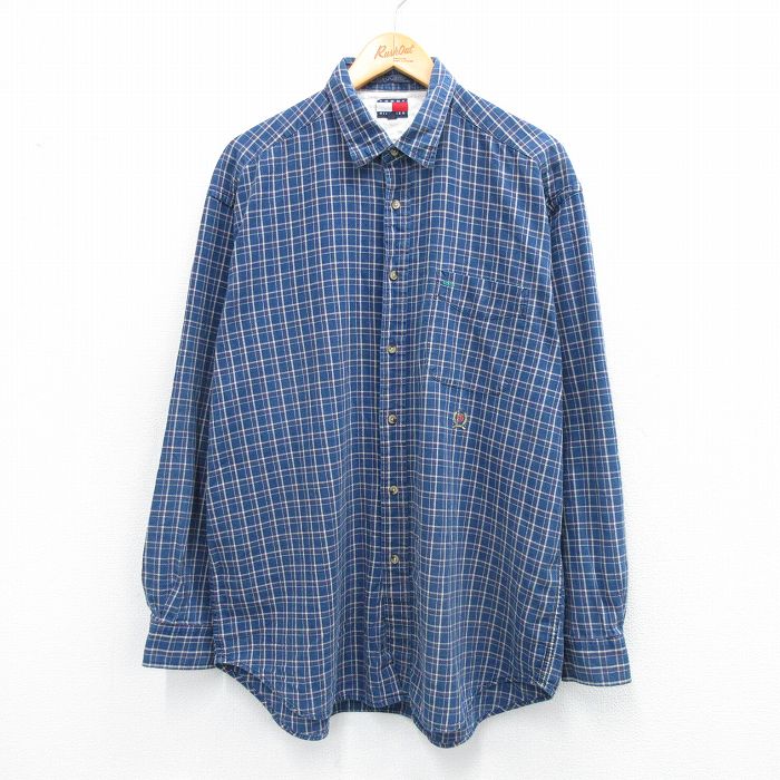 XL★古着 トミーヒルフィガー TOMMY HILFIGER 長袖 ブランド シャツ メンズ 90年代 90s ワンポイントロゴ コットン 紺他 ネイビー チェック 25sep03 中古 トップス