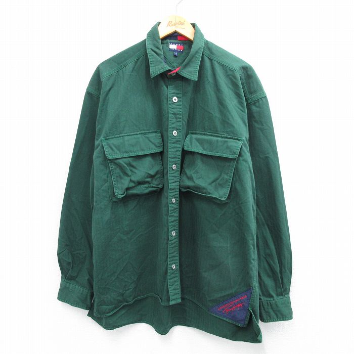 【20%OFF】XL★古着 トミーヒルフィガー TOMMY HILFIGER 長袖 ブランド シャツ メンズ 90年代 90s 大きいサイズ コットン 緑 グリーン 25sep03 中古 トップス