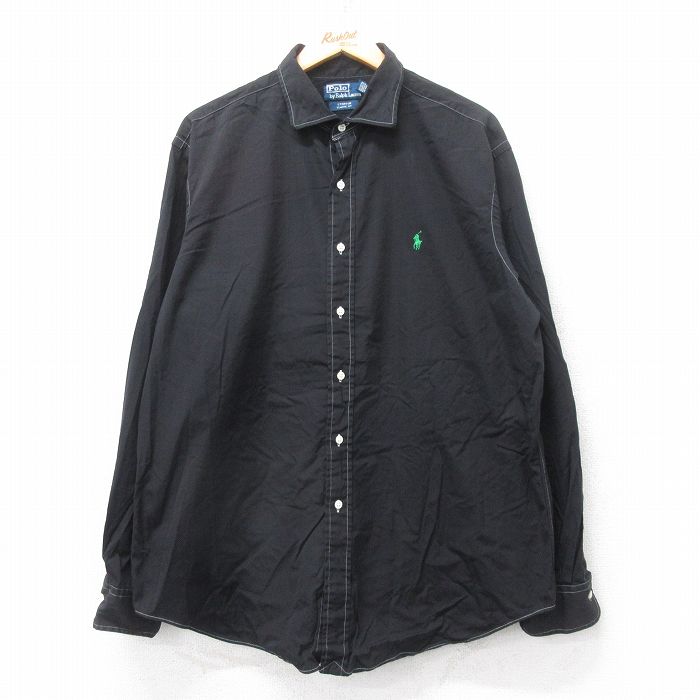 XL★古着 ラルフローレン Ralph Lauren 長袖 ブランド シャツ メンズ 90年代 90s ワンポイントロゴ STANTON 大きいサイズ ロング丈 コットン 黒 ブラック ストライプ 25sep03 中古 トップス