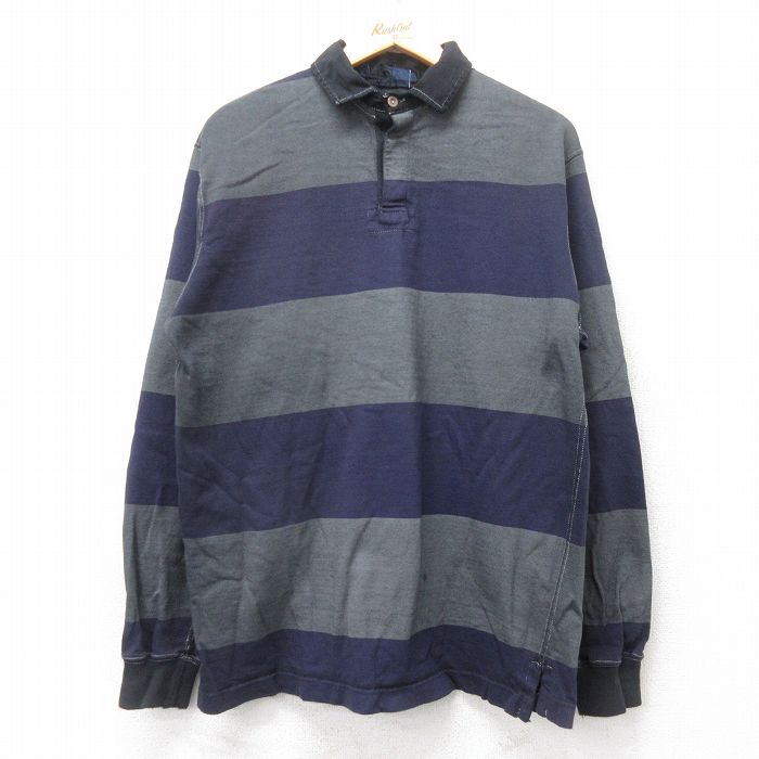 L★古着 ラルフローレン Ralph Lauren 長袖 ブランド ラガー シャツ メンズ 90年代 90s コットン USA製 濃グレー他 ボーダー 25sep03 中古 トップス