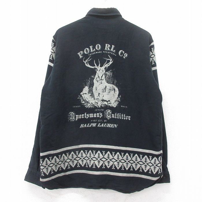 L★古着 ラルフローレン Ralph Lauren 長袖 ブランド シャツ メンズ ビッグロゴ シカ コットン 黒 ブラック 25sep03 中古 トップス