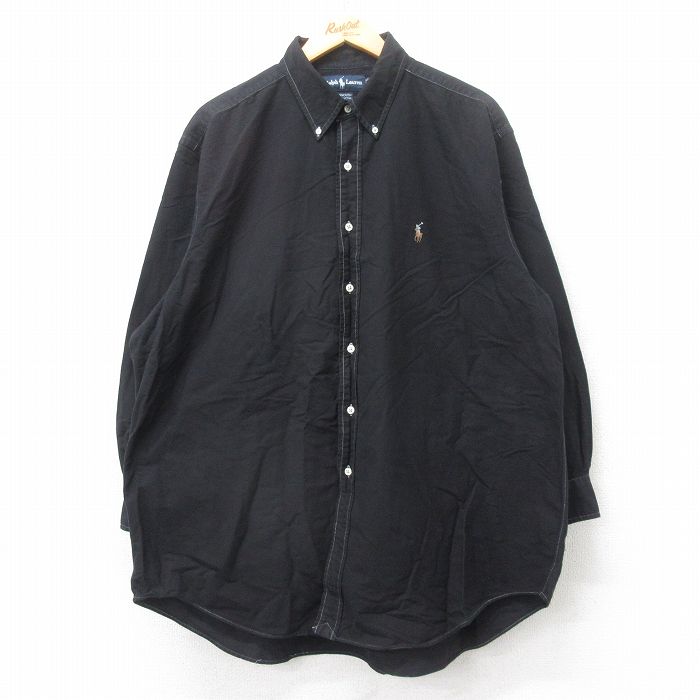【20%OFF】XL★古着 ラルフローレン Ralph Lauren 長袖 ブランド シャツ メンズ 90年代 90s YARMOUTH オックスフォード 大きいサイズ ロング丈 コットン 黒 ブラック 25sep03 中古 トップス