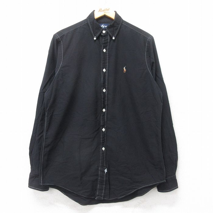 L★古着 ラルフローレン Ralph Lauren 長袖 ブランド シャツ メンズ 90年代 90s ワンポイントロゴ オックスフォード ロング丈 コットン ボタンダウン 黒 ブラック 25sep03 中古 トップス