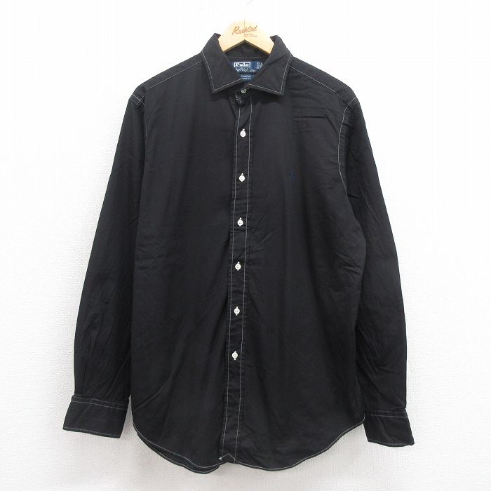 L★古着 ラルフローレン Ralph Lauren 長袖 ブランド シャツ メンズ 90年代 90s ワンポイントロゴ ロング丈 コットン 黒 ブラック 25sep05 中古 トップス
