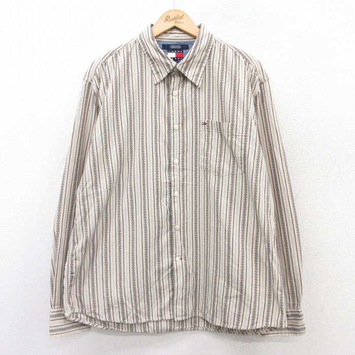 XL★古着 トミーヒルフィガー TOMMY HILFIGER 長袖 ブランド シャツ メンズ 90年代 90s ワンポイントロゴ コットン ベージュ他 カーキ ストライプ 25sep09 中古 トップス