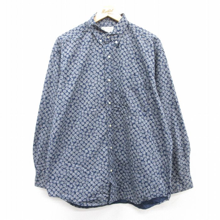 XL★古着 バナナリパブリック BANANA REPUBLIC 長袖 ブランド シャツ メンズ 90年代 90s 総柄 大きいサイズ ロング丈 コットン ボタンダウン 紺他 ネイビー 【spe】 25sep09 中古 トップス