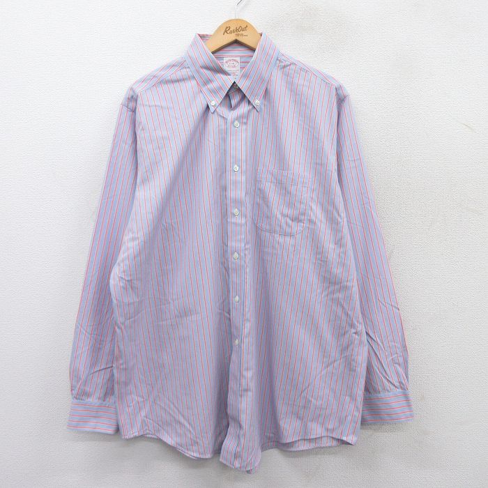 XL★古着 ブルックスブラザーズ BROOKS BROTHERS 長袖 ブランド シャツ メンズ 大きいサイズ ロング丈 コットン ボタンダウン 薄紺他 ネイビー ストライプ 25sep09 中古 トップス