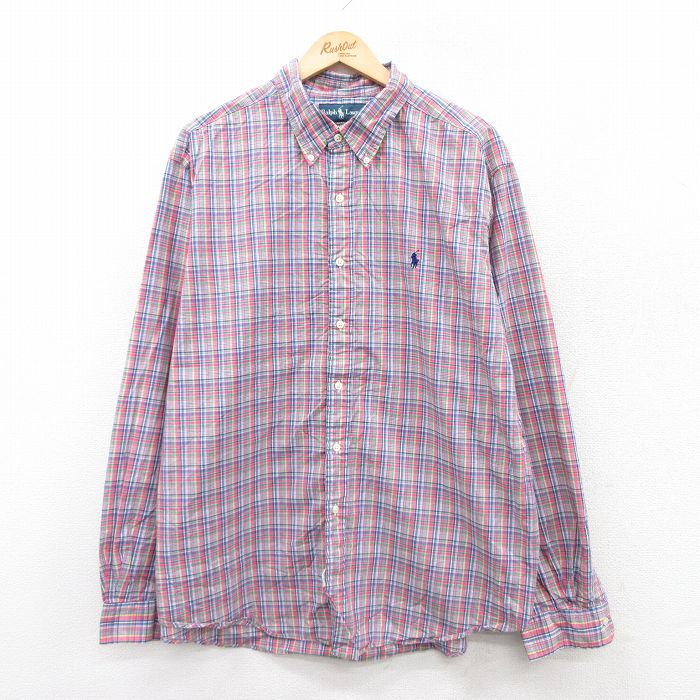 XL★古着 ラルフローレン Ralph Lauren 長袖 ブランド シャツ メンズ 90年代 90s ワンポイントロゴ 大きいサイズ コットン ボタンダウン ピンク系他 チェック 25sep09 中古 トップス