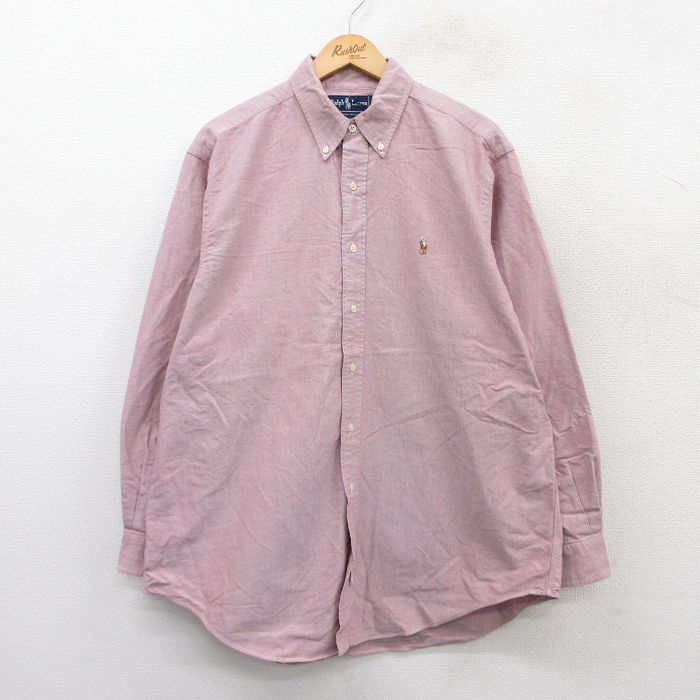 XL★古着 ラルフローレン Ralph Lauren 長袖 ブランド シャツ メンズ 90年代 90s ワンポイントロゴ オックスフォード 大きいサイズ ロング丈 コットン ボタンダウン エンジ系 25sep09 中古 トップス