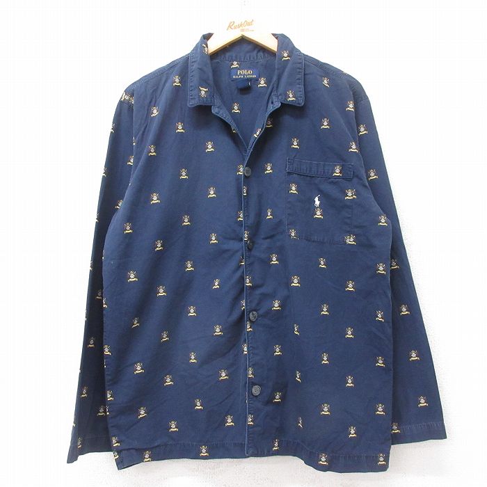 L★古着 ラルフローレン Ralph Lauren 長袖 ブランド パジャマ シャツ メンズ ワンポイントロゴ 総柄 コットン 紺他 ネイビー 25sep10 中古 トップス