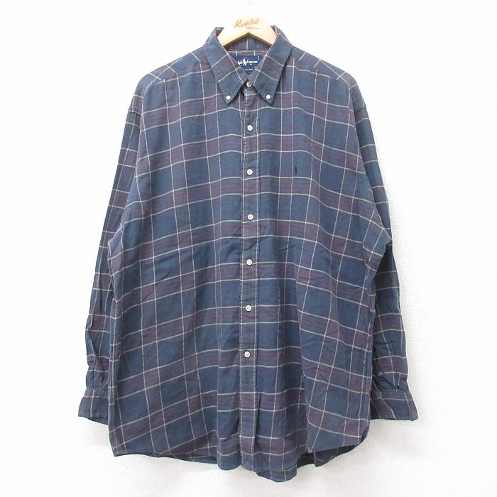 XL★古着 ラルフローレン Ralph Lauren 長袖 ブランド シャツ メンズ 90年代 90s ワンポイントロゴ 大きいサイズ ロング丈 コットン ボタンダウン 緑他 グリーン チェック 25sep10 中古 トップス