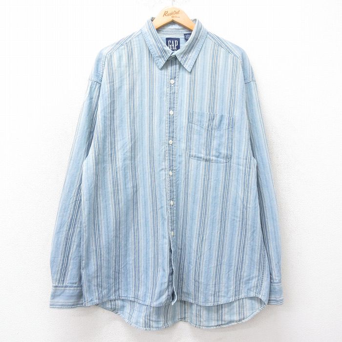 【20%OFF】XL★古着 ギャップ GAP 長袖 ブランド シャツ メンズ 90年代 90s ロング丈 コットン 薄紺他 ネイビー ストライプ 【spe】 25sep10 中古 トップス