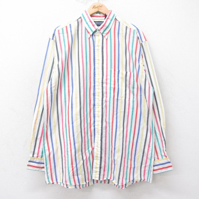 XL★古着 ランズエンド 長袖 ブランド シャツ メンズ 00年代 00s ロング丈 ボタンダウン 白他 ホワイト ストライプ 25sep10 中古 トップス